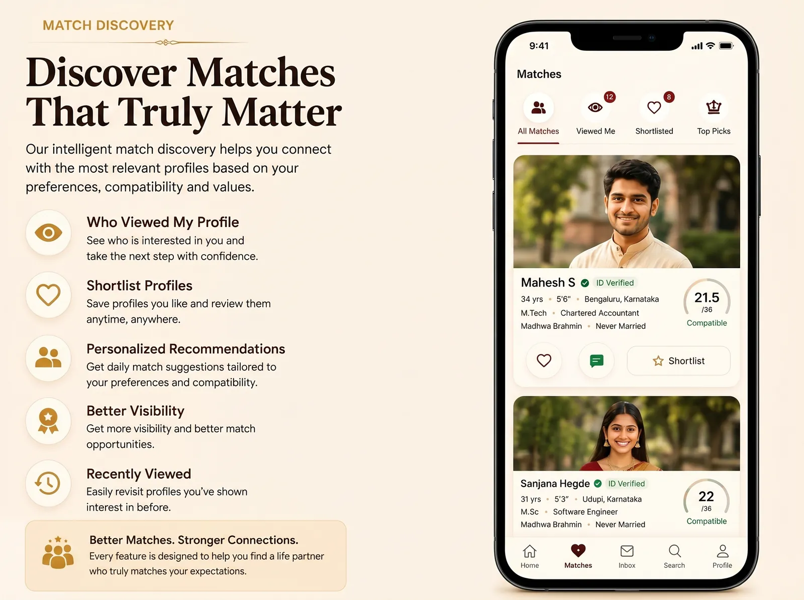 Matrimony discovery screen for Brahmin Vokkaliga Veerashaiva Lingayat Arya Vysya Reddy Kumbara and Kuruba bride profiles groom profiles and NRI matches across India USA Canada and Europe