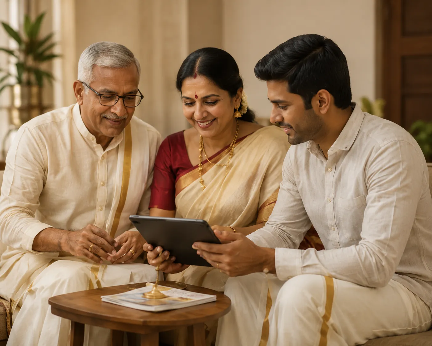 South Indian Brahmin family comparing matrimony matches for Telugu Brahmin and Konkani Brahmin households in Kannada Telugu Tamil Marathi Malayalam and Tulu — for Smartha Brahmin, Madhwa Brahmin, Sri Vaishnava Brahmin, Iyengar Brahmin and Iyer Brahmin families