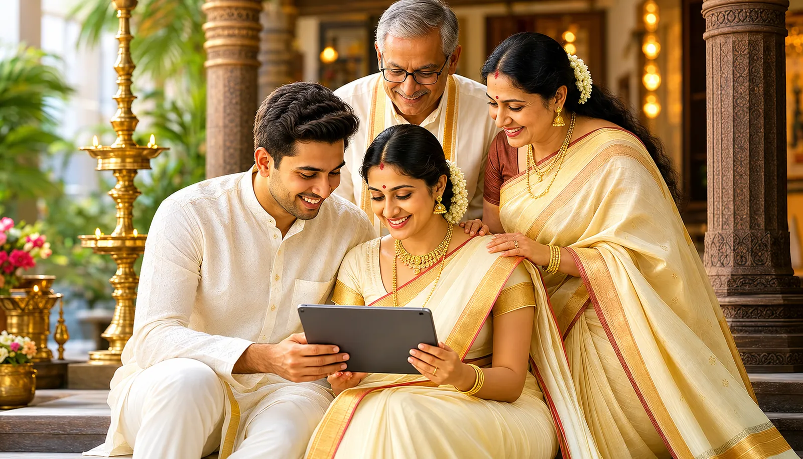 Brahmin family reviewing matrimony profiles together on a tablet — Tamil Brahmin and Kannada Brahmin gothra and horoscope aware matches across Bengaluru, Chennai, and abroad — for Smartha Brahmin, Madhwa Brahmin, Sri Vaishnava Brahmin, Iyengar Brahmin and Iyer Brahmin families