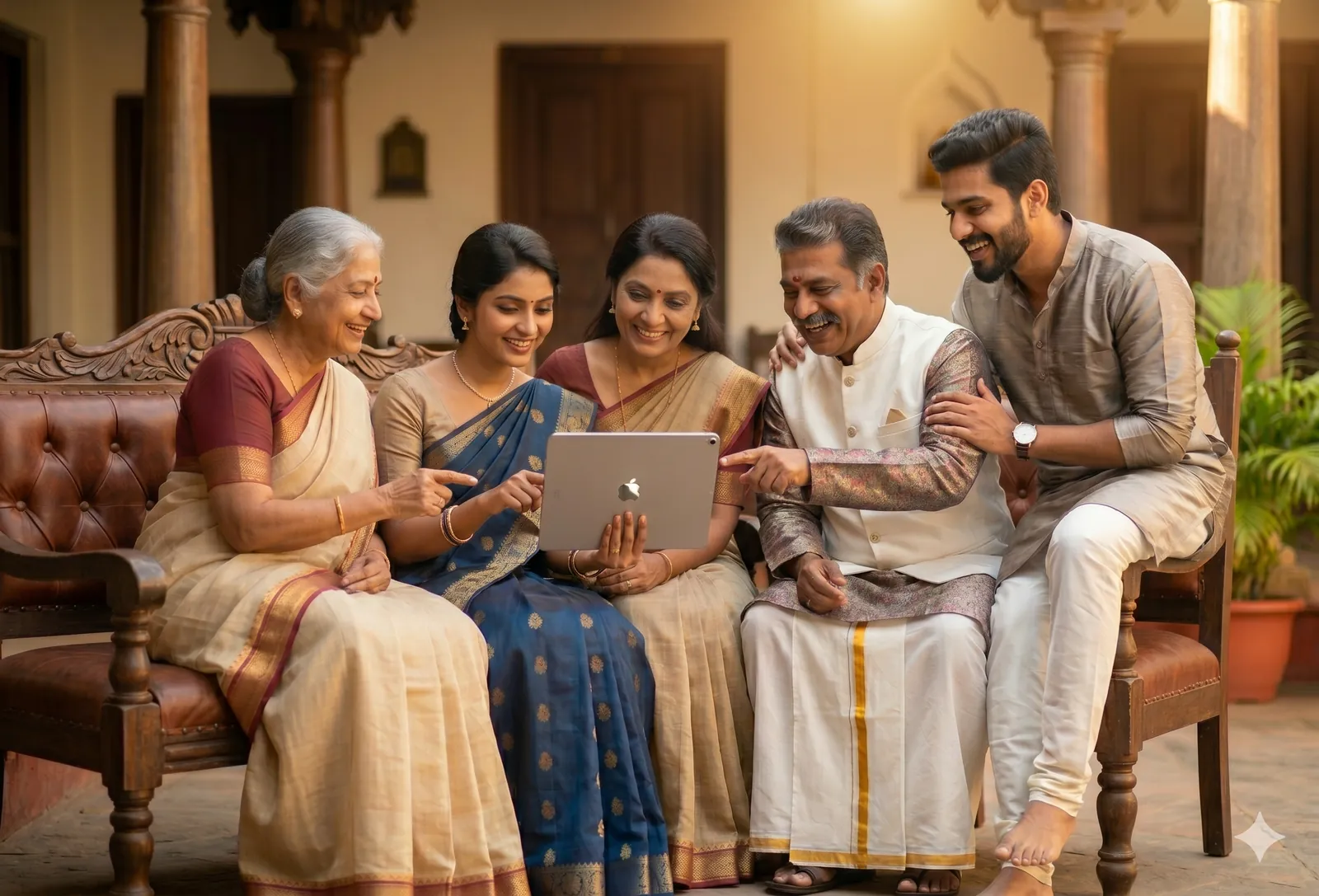 South Indian Brahmin family reviewing matrimony matches for Kannada Brahmin and Marathi Brahmin families in Kannada Telugu Tamil Malayalam across Bengaluru Hyderabad Chennai Kochi Mysuru Pune Toronto and Sydney — for Smartha Brahmin, Madhwa Brahmin, Sri Vaishnava Brahmin, Iyengar Brahmin and Iyer Brahmin families